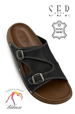 Sermoda Erkek Terlik - Çift Toka Ayarlanabilir Esnek Taban Deri Erkek Terlik T Siyah