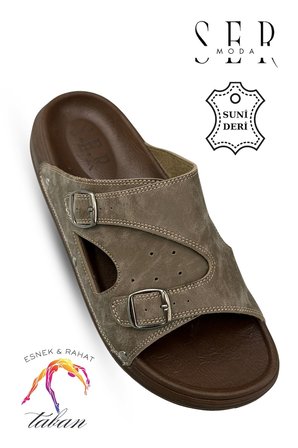 Sermoda Erkek Terlik - Çift Toka Ayarlanabilir Esnek Taban Deri Erkek Terlik T Haki