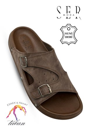 Sermoda Erkek Terlik - Çift Toka Ayarlanabilir Esnek Taban Deri Erkek Terlik T Kahve