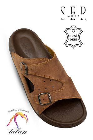 Sermoda Erkek Terlik - Çift Toka Ayarlanabilir Esnek Taban Deri Erkek Terlik T Taba