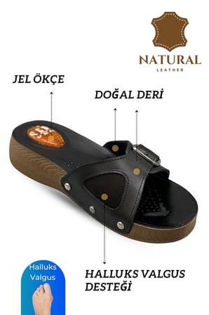Sermoda Hakiki Deri Kadın Terlik - Halluks Valgus Destekli Jel Taban Kadın Terlik Siyah
