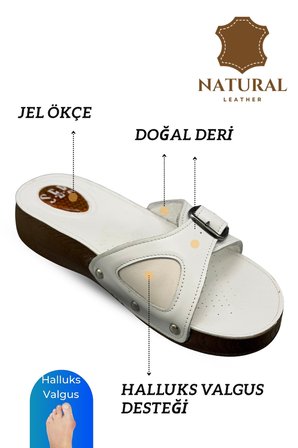 Sermoda Hakiki Deri Kadın Terlik - Halluks Valgus Destekli Jel Taban Kadın Terlik Beyaz
