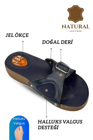 Sermoda Hakiki Deri Kadın Terlik - Halluks Valgus Destekli Jel Taban Kadın Terlik Lacivert