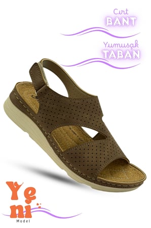 Kadın Sandalet  – Kalın ve Yumuşak Taban Rahat Cırtlı Kadın Sandalet Vizon