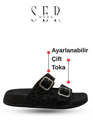 Çift Toka Kadın Terlik - Rahat ve Esnek Tabanlı Ayarlanabilir Bantlı Kadın Terlik Siyah