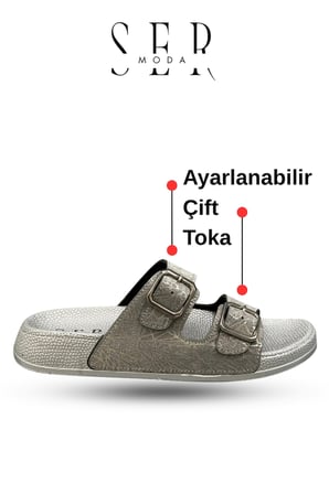 Çift Toka Kadın Terlik - Rahat ve Esnek Tabanlı Ayarlanabilir Bantlı Kadın Terlik Gümüş