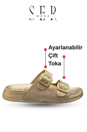 Çift Toka Kadın Terlik - Rahat ve Esnek Tabanlı Ayarlanabilir Bantlı Kadın Terlik Altın