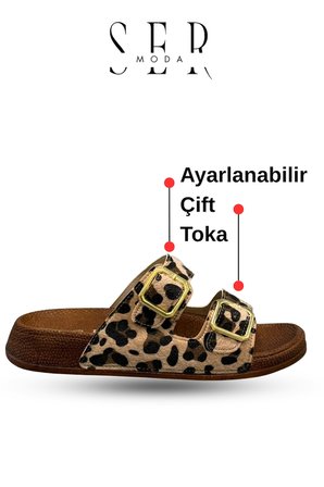 Çift Toka Kadın Terlik - Rahat ve Esnek Tabanlı Ayarlanabilir Bantlı Kadın Terlik Leopar Sarı