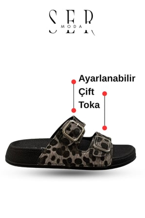 Çift Toka Kadın Terlik - Rahat ve Esnek Tabanlı Ayarlanabilir Bantlı Kadın Terlik Leopar Gri