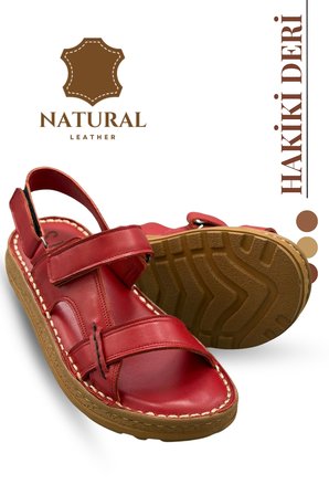Hakiki Deri Erkek Sandalet - Yumuşak Kalın Tabanlı Hakiki Deri Erkek Sandalet Kırmızı
