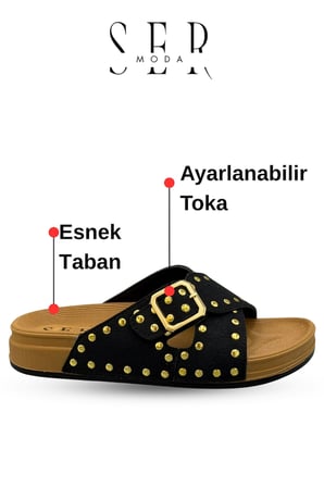 Troklu Kadın Terlik - Tokalı Troklu Rahat ve Esnek Taban Kadın Terlik Siyah