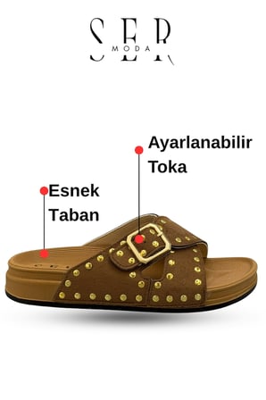 Troklu Kadın Terlik - Tokalı Troklu Rahat ve Esnek Taban Kadın Terlik Kahve