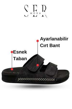 Erkek Terlik - Cırtlı Bantlı Rahat Kalın Tabanlı Deri Erkek Terlik Siyah