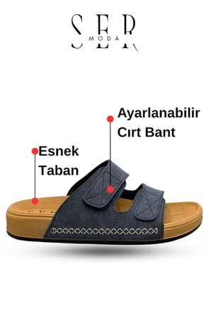 Erkek Terlik - Cırtlı Bantlı Rahat Kalın Tabanlı Deri Erkek Terlik Lacivert