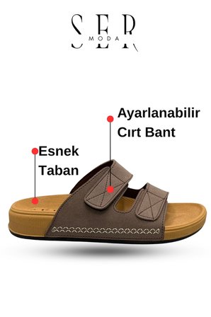 Erkek Terlik - Cırtlı Bantlı Rahat Kalın Tabanlı Deri Erkek Terlik Kahve