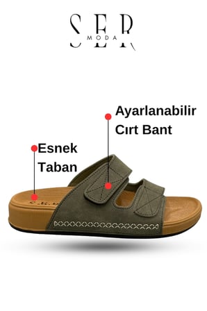 Erkek Terlik - Cırtlı Bantlı Rahat Kalın Tabanlı Deri Erkek Terlik Haki