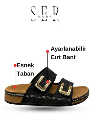 Kadın Terlik - Cırtlı Bantlı Rahat Kalın Tabanlı Deri Etnik Desen Kadın Terlik Siyah