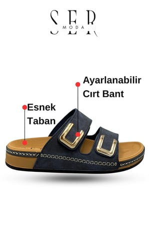 Kadın Terlik - Cırtlı Bantlı Rahat Kalın Tabanlı Deri Etnik Desen Kadın Terlik Lacivert