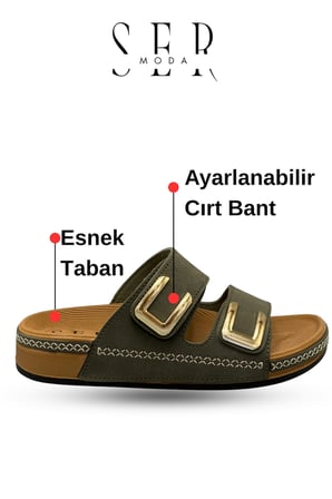 Kadın Terlik - Cırtlı Bantlı Rahat Kalın Tabanlı Deri Etnik Desen Kadın Terlik Haki