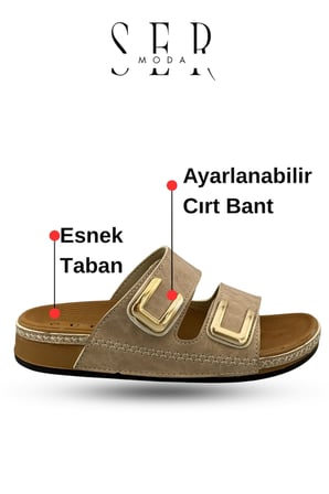Kadın Terlik - Cırtlı Bantlı Rahat Kalın Tabanlı Deri Etnik Desen Kadın Terlik Krem