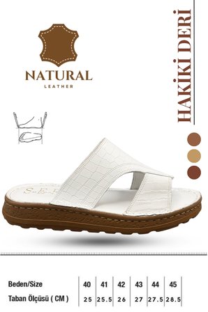 Hakiki Deri Erkek Terlik - Yumuşak Kalın Taban Tabanlı Hakiki Deri Erkek Terlik 3A Beyaz