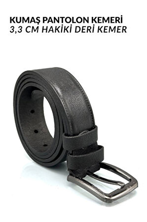 Sermoda 33 mm Doğal Deri Dikiş Baskı Erkek Kumaş Kemeri Siyah