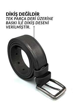 Sermoda 33 mm Doğal Deri Dikiş Baskı Erkek Kumaş Kemeri Siyah