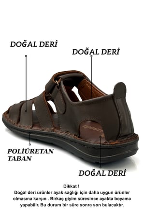 %100 Hakiki Deri Burnu Kapalı Erkek Sandalet Kahve