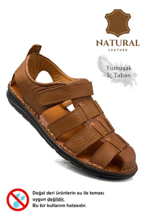 %100 Hakiki Deri Burnu Kapalı Erkek Sandalet Şırıngıl Taba