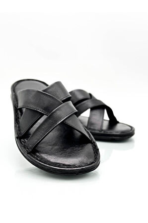 Hakiki Gerçek Deri Erkek Terlik Hafif Terlik Deri Çapraz Siyah