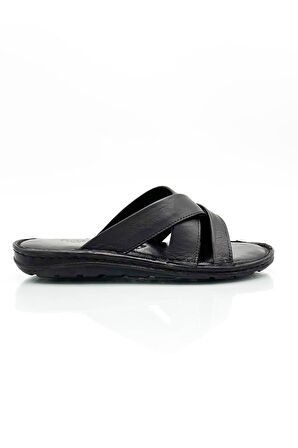 Hakiki Gerçek Deri Erkek Terlik Hafif Terlik Deri Çapraz Siyah