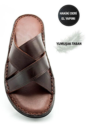 Hakiki Gerçek Deri Erkek Terlik Hafif Terlik Deri Çapraz Kahve