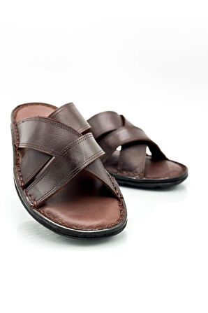Hakiki Gerçek Deri Erkek Terlik Hafif Terlik Deri Çapraz Kahve