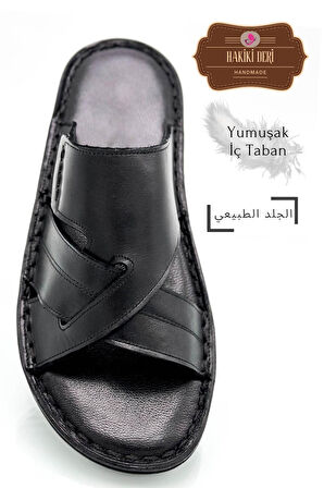 Hakiki Gerçek Deri Erkek Terlik Hafif Terlik Deri G Siyah