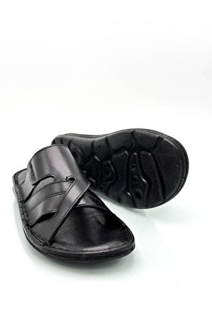 Hakiki Gerçek Deri Erkek Terlik Hafif Terlik Deri G Siyah