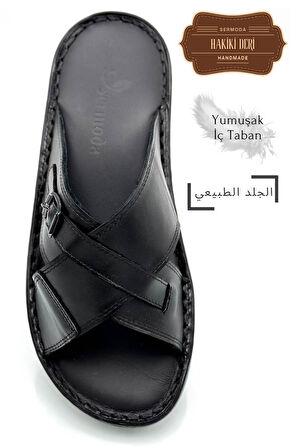 Hakiki Gerçek Deri Erkek Terlik Hafif Terlik Deri T Siyah