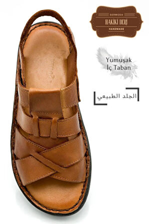 Sermoda Hakiki Gerçek Deri Cırtlı Erkek Sandalet Çapraz Taba