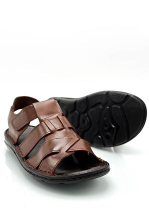 Hakiki Gerçek Deri Cırtlı Erkek Sandalet Çapraz Kahve
