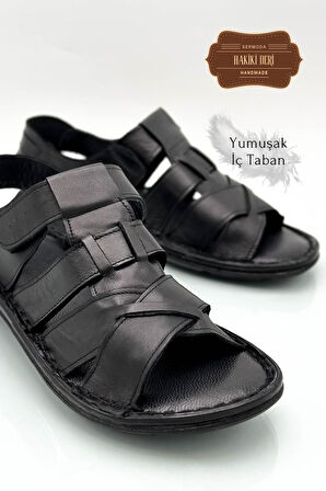 Hakiki Gerçek Deri Cırtlı Erkek Sandalet Çapraz Siyah