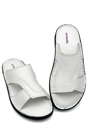 Hakiki Gerçek Deri Erkek Terlik Hafif Terlik Deri A. Şır Beyaz