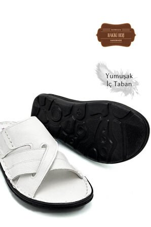 Hakiki Gerçek Deri Erkek Terlik Hafif Terlik Deri G Şır Beyaz