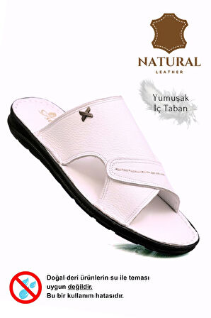 Hakiki Gerçek Deri Erkek Terlik Hafif Terlik Deri Şırıngıl Beyaz