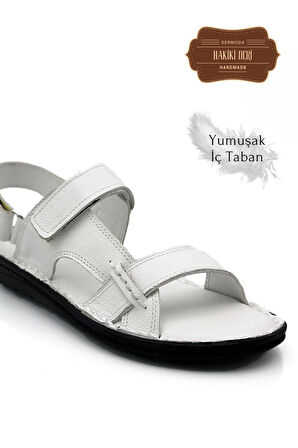 Hakiki Gerçek Deri Cırtlı Erkek Sandalet Şırıngıl Beyaz