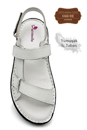 Hakiki Gerçek Deri Cırtlı Erkek Sandalet Şırıngıl Beyaz