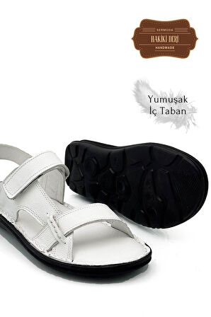 Hakiki Gerçek Deri Cırtlı Erkek Sandalet Şırıngıl Beyaz