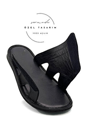 Hakiki Gerçek Deri Erkek Terlik Hafif Terlik Deri C Siyah