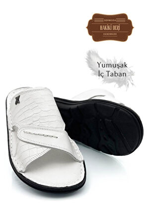 Sermoda Hakiki Gerçek Deri Erkek Terlik Hafif Terlik Deri 3D Beyaz