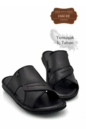 Hakiki Gerçek Deri Erkek Terlik Hafif Terlik Deri Şırıngıl Siyah