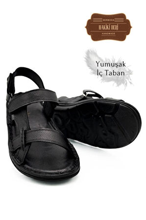 Hakiki Gerçek Deri Cırtlı Erkek Sandalet Şırıngıl Siyah
