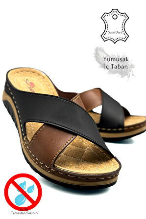 Çapraz Bant Yumuşak ve Hafif Kalın Tabanlı Kadın Terlik Spor Terlik 521/2 Siyah Taba